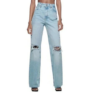 Zara High Wide  Leg Waist Ripped Distressed Jeans Light Wash Raw Hem Size 2